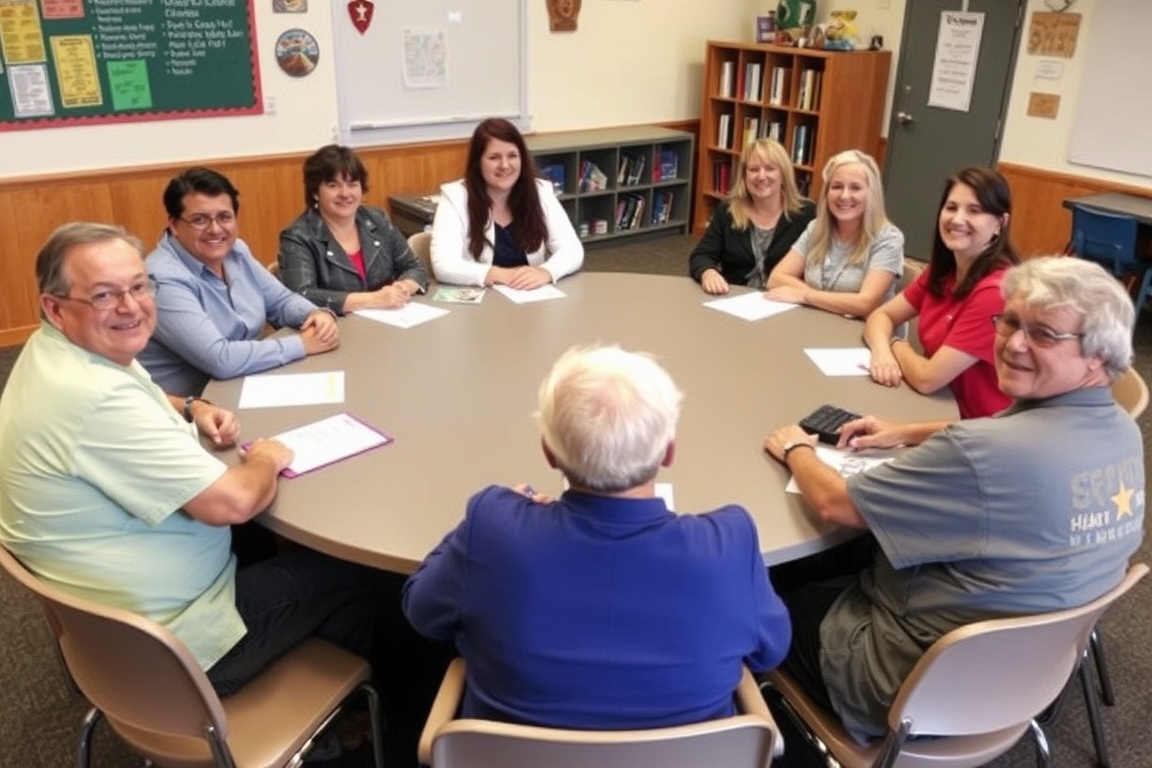 A group of school staff and community partners sit together around a round meeting table.